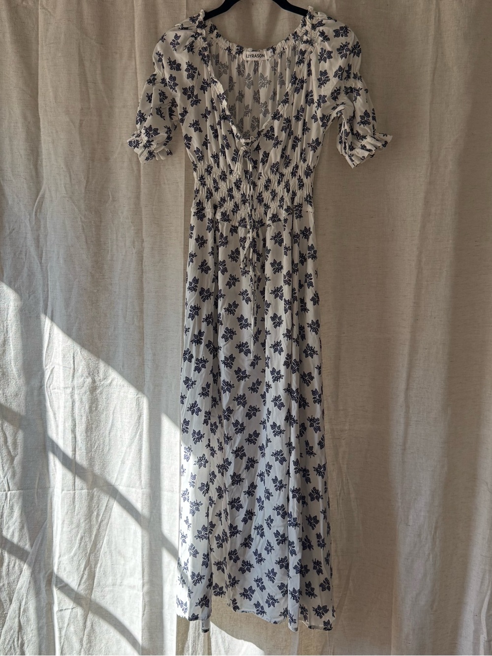 Smocked White Midi Dress with Navy Floral Print